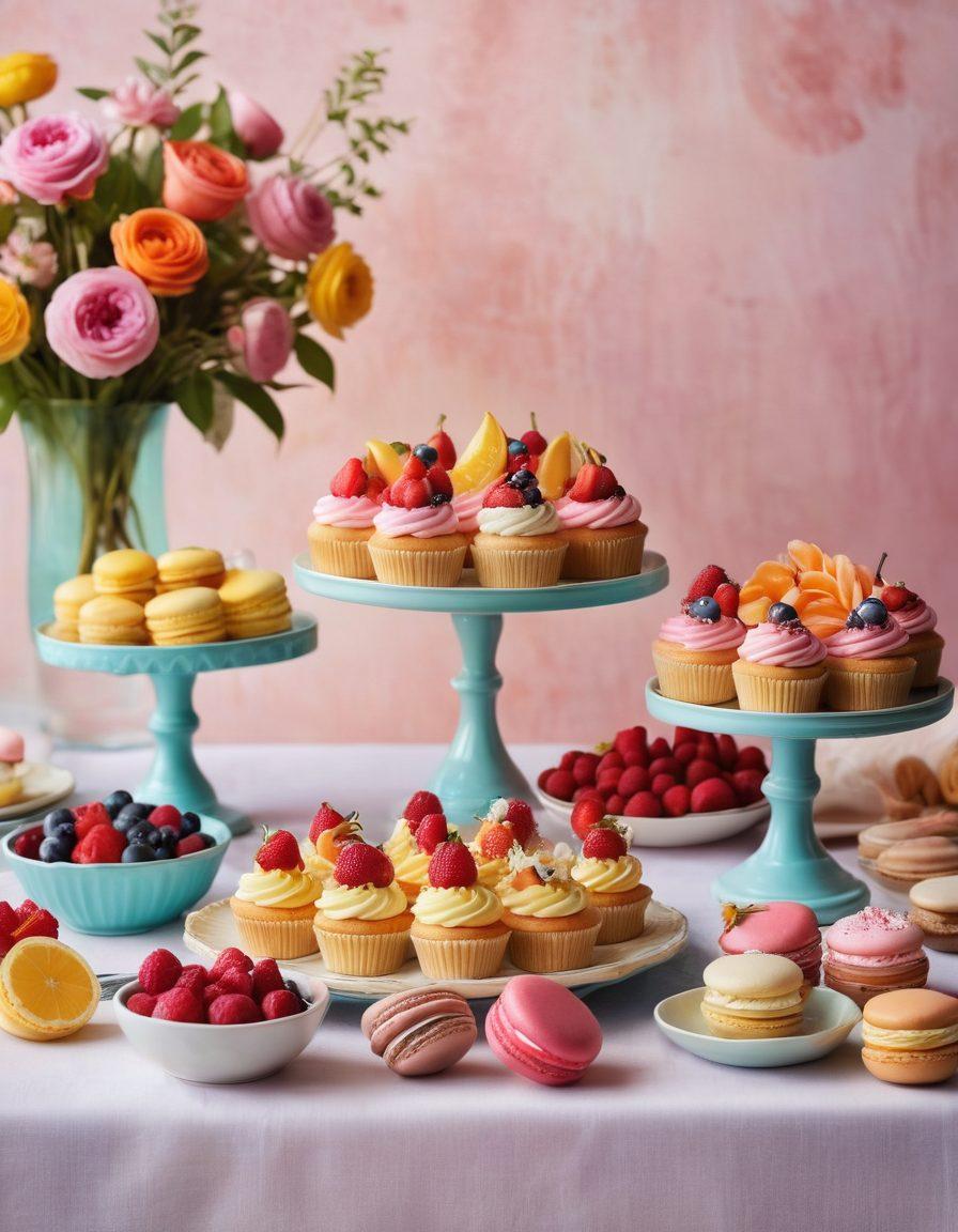 A beautifully arranged table featuring a variety of colorful desserts, including cupcakes, layered cakes, and macarons, surrounded by fresh fruits and delicate edible flowers. The background should have a soft pastel hue, evoking a warm and inviting atmosphere perfect for dessert lovers. Include whimsical elements like a vintage cake stand and playful pastry tools, enhancing the theme of creativity in baking. vibrant colors. soft focus. pastel background.