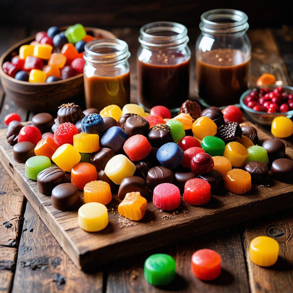 A colorful and enticing display of an array of homemade candies, including rich chocolates, vibrant gummies, and creamy caramels. The candies are artfully arranged on a rustic wooden table, with a soft-focus background featuring scattered ingredients like cocoa powder, sugar, and fruits. Highlight a few candies being poured from a glass jar and a hand reaching for one, evoking a feeling of indulgence and warmth. Warm lighting enhances the cozy, inviting ambiance. super-realistic. warm colors. soft focus.