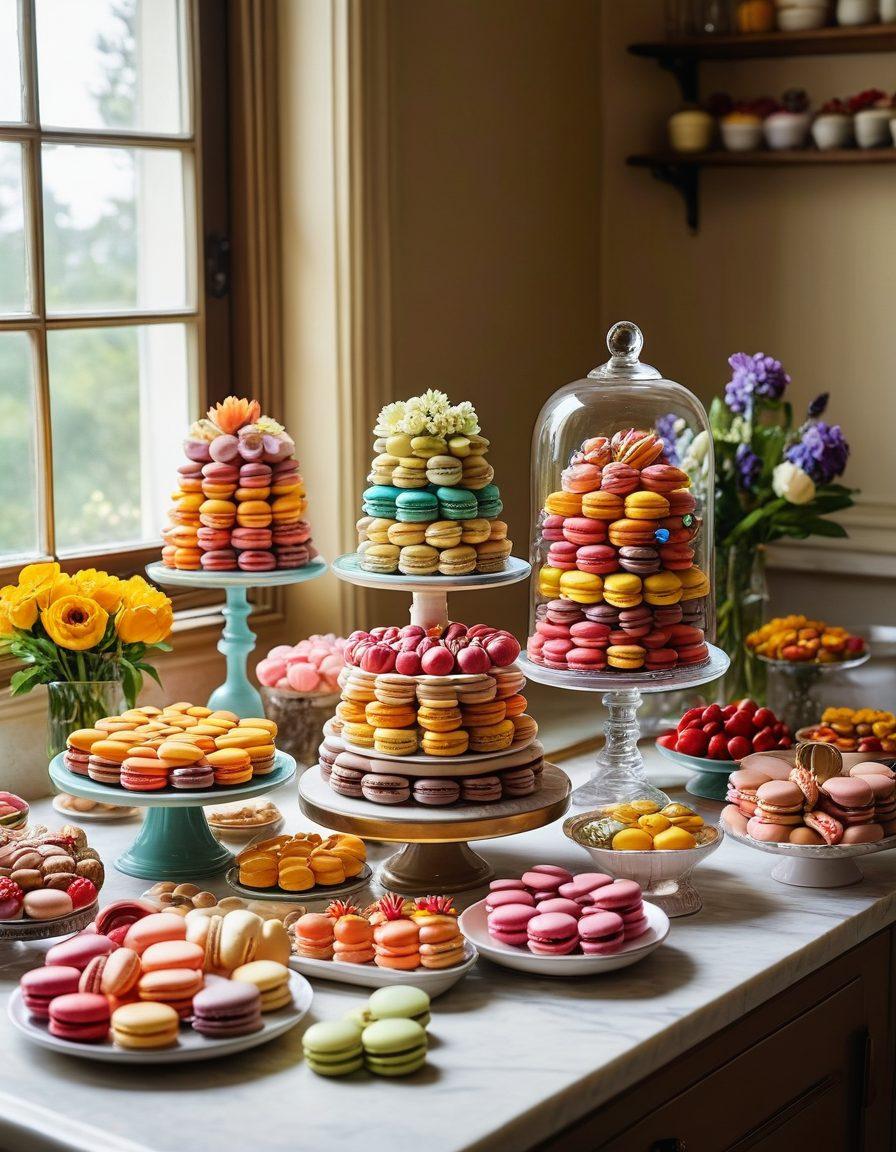 A whimsical dessert table overflowing with unique sweet treats, featuring colorful macarons, artisan chocolates, and elaborate cakes topped with edible flowers. The background includes a warm, inviting kitchen setting with sunlight streaming through the windows, highlighting deliciousness and creativity. Include a pair of hands carefully arranging the treats, adding a personal touch to the scene. Bright colors and playful elements should evoke a sense of joy and indulgence. vibrant colors. cozy atmosphere. super-realistic.